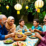 **Image Prompt:** A vibrant, warm gathering of family members, young and old, sharing a meal together outdoors in a lush garden setting. Emphasis on laughter, connection, and the feeling of belonging. Consider incorporating traditional Arabic design elements in the background, like lanterns or textiles.