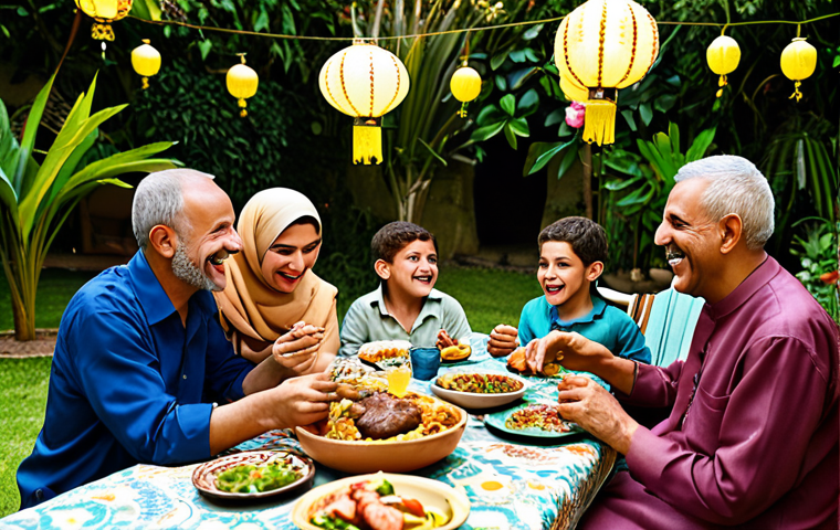 **Image Prompt:** A vibrant, warm gathering of family members, young and old, sharing a meal together outdoors in a lush garden setting. Emphasis on laughter, connection, and the feeling of belonging. Consider incorporating traditional Arabic design elements in the background, like lanterns or textiles.