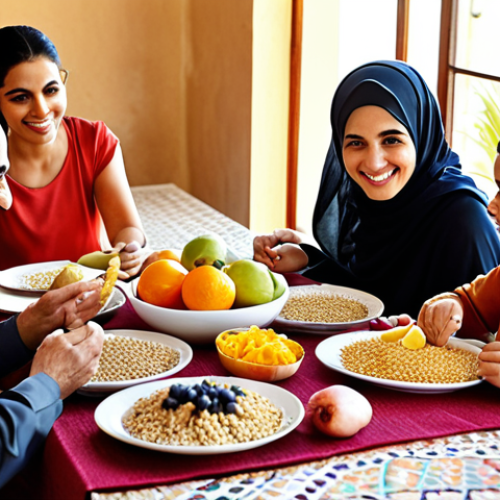 Home 6 **
Prompt: A vibrant, multigenerational Arabic family sharing a healthy meal together at a sunlit table. The meal features colorful fruits, vegetables, lean proteins, and whole grains, reflecting balanced nutrition. Warm, inviting atmosphere with traditional Arabic design elements in the background. Focus on the joy and connection of family, symbolizing the cornerstone of senior health through proper nutrition and social support.
**