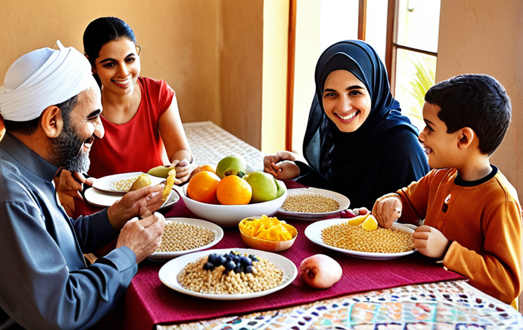 **
Prompt: A vibrant, multigenerational Arabic family sharing a healthy meal together at a sunlit table. The meal features colorful fruits, vegetables, lean proteins, and whole grains, reflecting balanced nutrition. Warm, inviting atmosphere with traditional Arabic design elements in the background. Focus on the joy and connection of family, symbolizing the cornerstone of senior health through proper nutrition and social support.
**