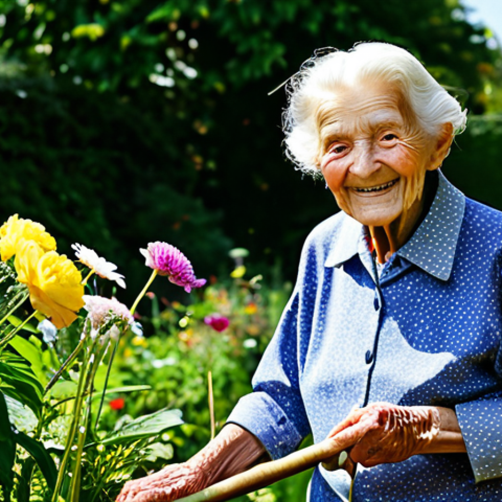 A Centenarian in a Garden** "A vibrant and healthy 100-year-old woman, with perfect anatomy and natural proportions, smiling gently while tending a lush garden filled with colorful flowers, wearing modest, comfortable clothing suitable for gardening, bathed in soft sunlight, safe for work, appropriate content, fully clothed, family-friendly, professional photography, high quality." **
