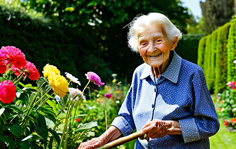 A Centenarian in a Garden** "A vibrant and healthy 100-year-old woman, with perfect anatomy and natural proportions, smiling gently while tending a lush garden filled with colorful flowers, wearing modest, comfortable clothing suitable for gardening, bathed in soft sunlight, safe for work, appropriate content, fully clothed, family-friendly, professional photography, high quality." **