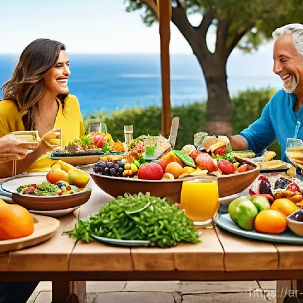 장수 연구에서의 영양소 조합 - **Prompt 1: A Vibrant Mediterranean Feast and Lifestyle** "A diverse group of adults, dressed in...