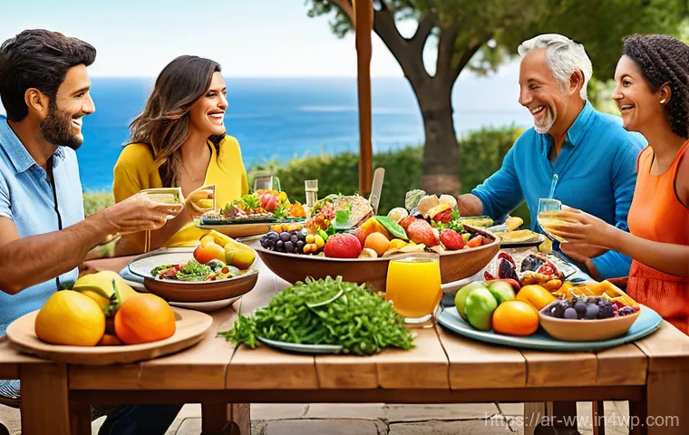 장수 연구에서의 영양소 조합 - **Prompt 1: A Vibrant Mediterranean Feast and Lifestyle** "A diverse group of adults, dressed in...