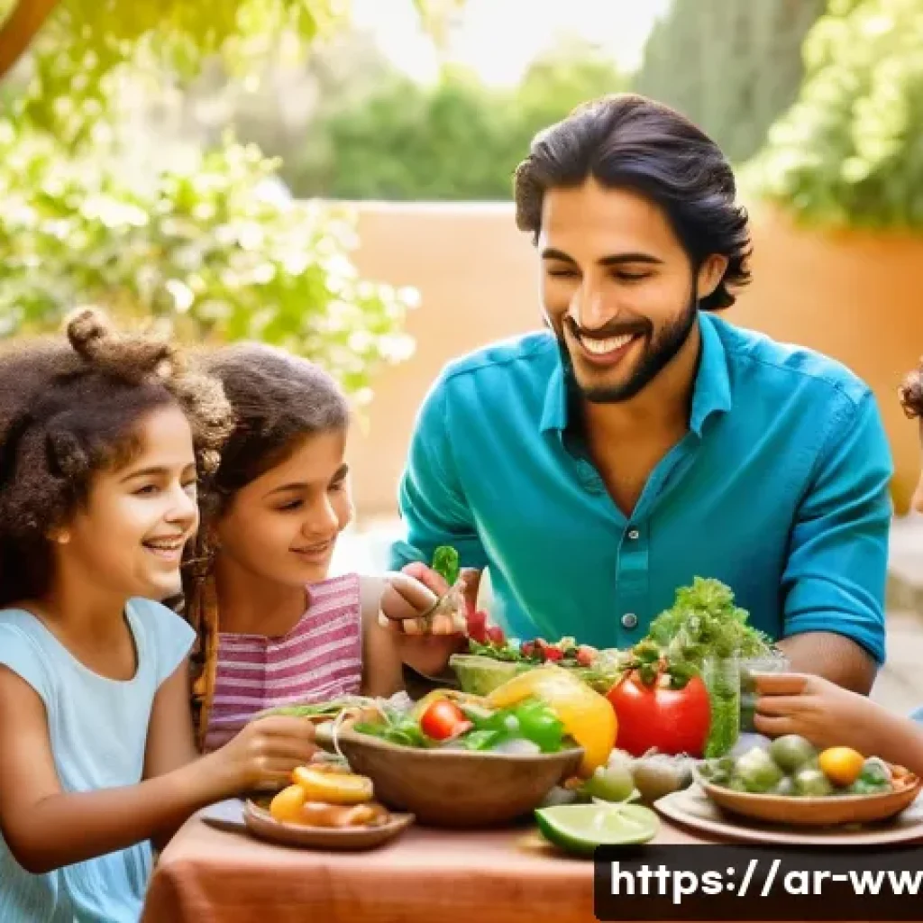 장수 전문가의 인터뷰 모음 - A vibrant Middle Eastern family enjoying a healthy meal outdoors in a sunlit garden filled with lush...