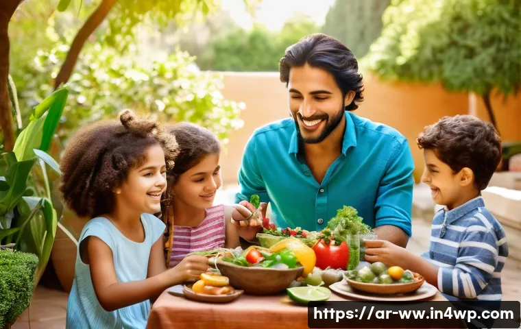 장수 전문가의 인터뷰 모음 - A vibrant Middle Eastern family enjoying a healthy meal outdoors in a sunlit garden filled with lush...