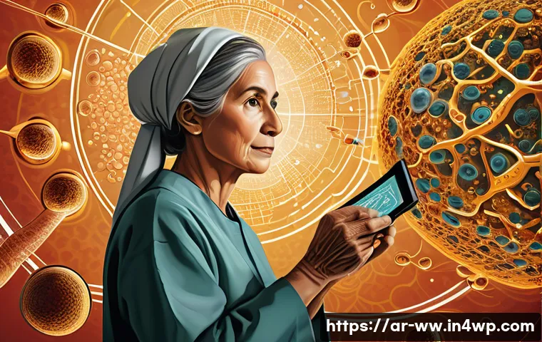 장수 연구에서의 세포 노화 연구 - A highly detailed scientific illustration of aging human cells showing molecular changes: focus on g...