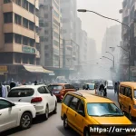 Home 21 장수와 관련된 지구 환경 변화 - A detailed urban scene in a Middle Eastern city with heavy air pollution visible as a hazy smog over...