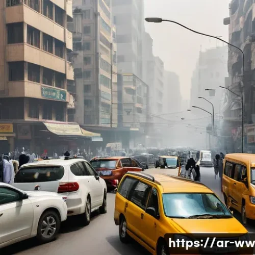 Home 33 장수와 관련된 지구 환경 변화 - A detailed urban scene in a Middle Eastern city with heavy air pollution visible as a hazy smog over...