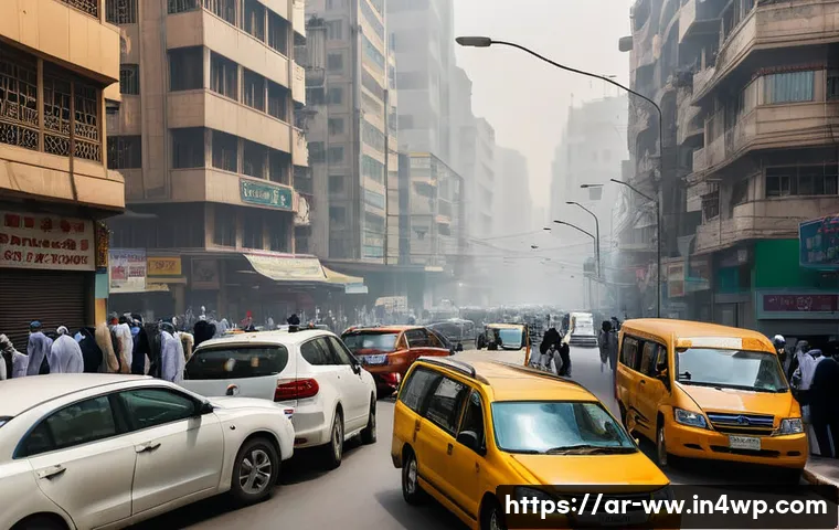 장수와 관련된 지구 환경 변화 - A detailed urban scene in a Middle Eastern city with heavy air pollution visible as a hazy smog over...