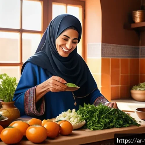 Home 32 장수 연구의 새로운 패러다임 - A vibrant, detailed illustration of an elderly Middle Eastern woman in traditional modest clothing p...