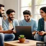 Home 19 장수 연구에서의 소셜 네트워크 영향 - A warm and inviting digital support group scene featuring diverse Arabic-speaking adults interacting...