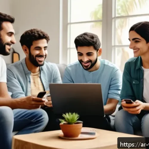 Home 31 장수 연구에서의 소셜 네트워크 영향 - A warm and inviting digital support group scene featuring diverse Arabic-speaking adults interacting...