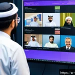 Home 18 장수 연구의 네트워킹 전략 - A vibrant digital scientific conference scene showing diverse Arab researchers in professional attir...