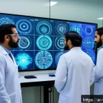 Home 23 장수 연구에서의 기계 학습 활용 - A modern medical research laboratory in the Middle East, featuring diverse Arab scientists analyzing...