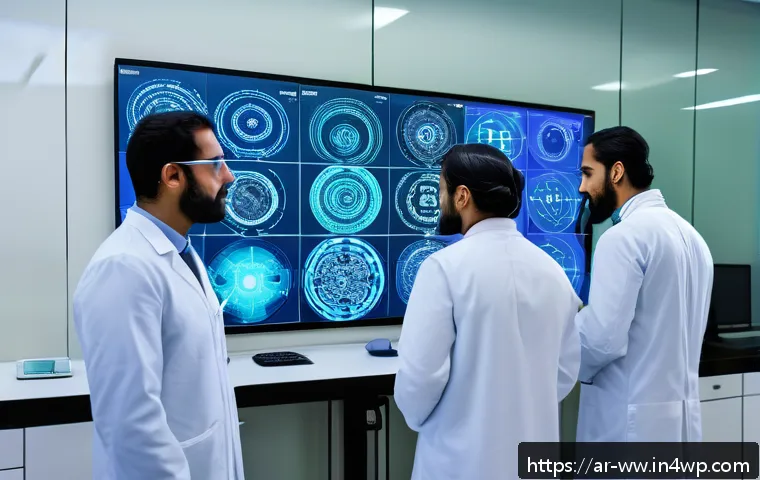 장수 연구에서의 기계 학습 활용 - A modern medical research laboratory in the Middle East, featuring diverse Arab scientists analyzing...